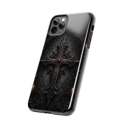 Gothic Cross Phone Case — Dark Medieval Armor with Red Gem