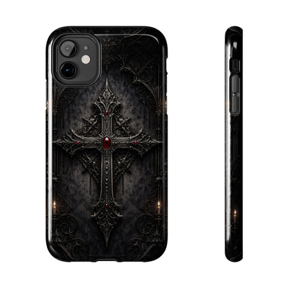 Gothic Cross Phone Case — Dark Medieval Armor with Red Gem