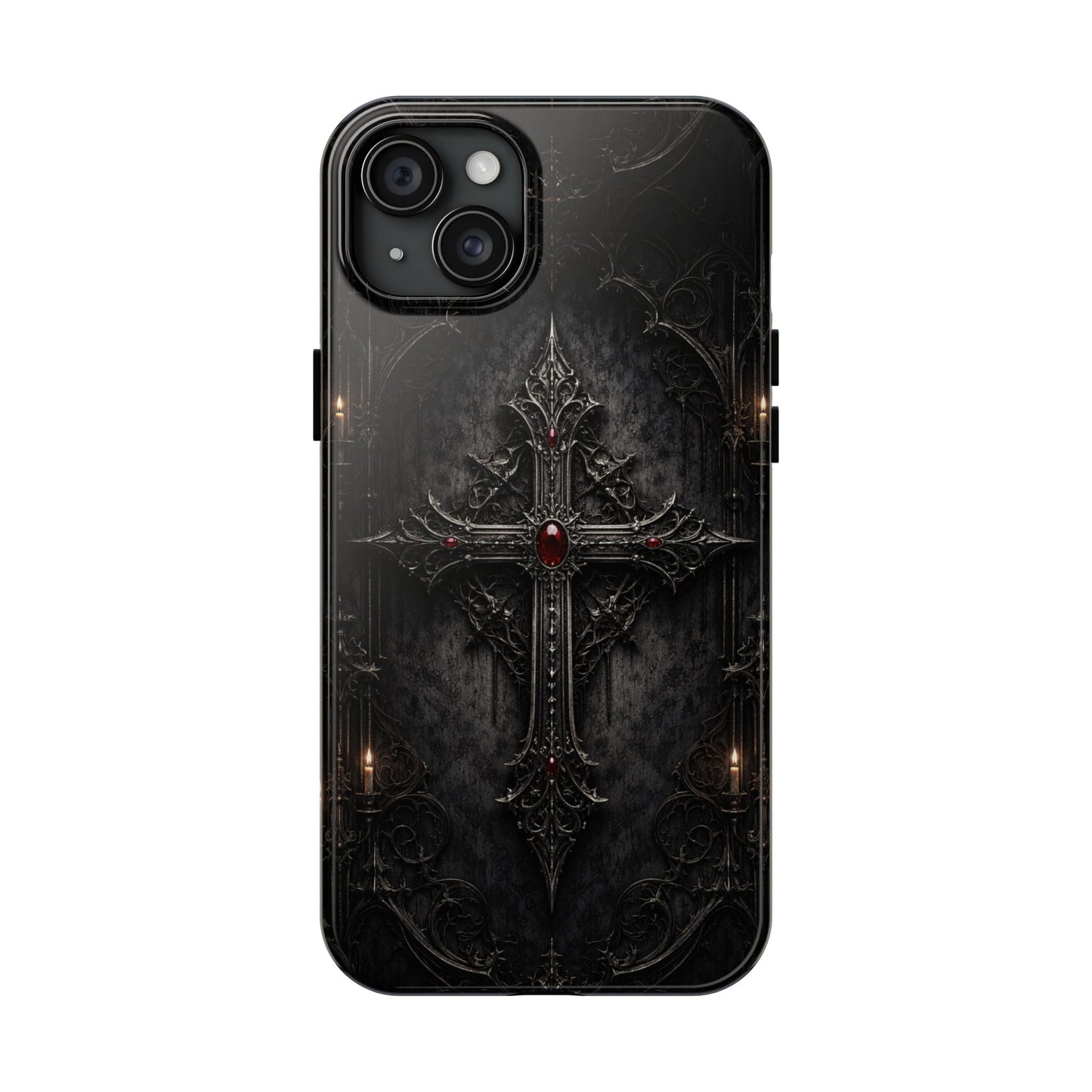 Gothic Cross Phone Case — Dark Medieval Armor with Red Gem