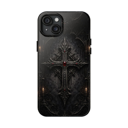 Gothic Cross Phone Case — Dark Medieval Armor with Red Gem