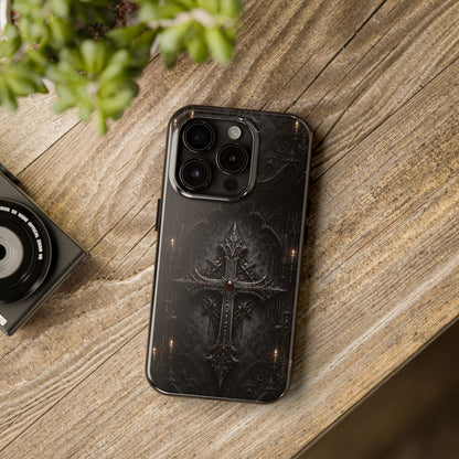 Gothic Cross Phone Case — Dark Medieval Armor with Red Gem