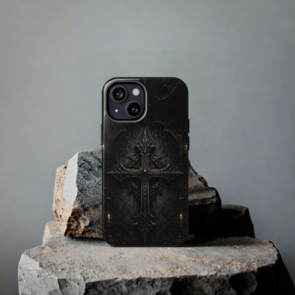 Gothic Cross Phone Case — Dark Medieval Armor with Red Gem