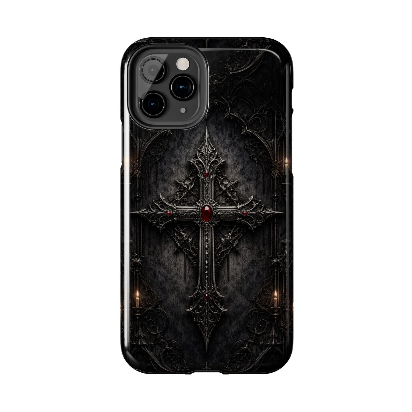 Gothic Cross Phone Case — Dark Medieval Armor with Red Gem
