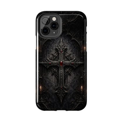 Gothic Cross Phone Case — Dark Medieval Armor with Red Gem