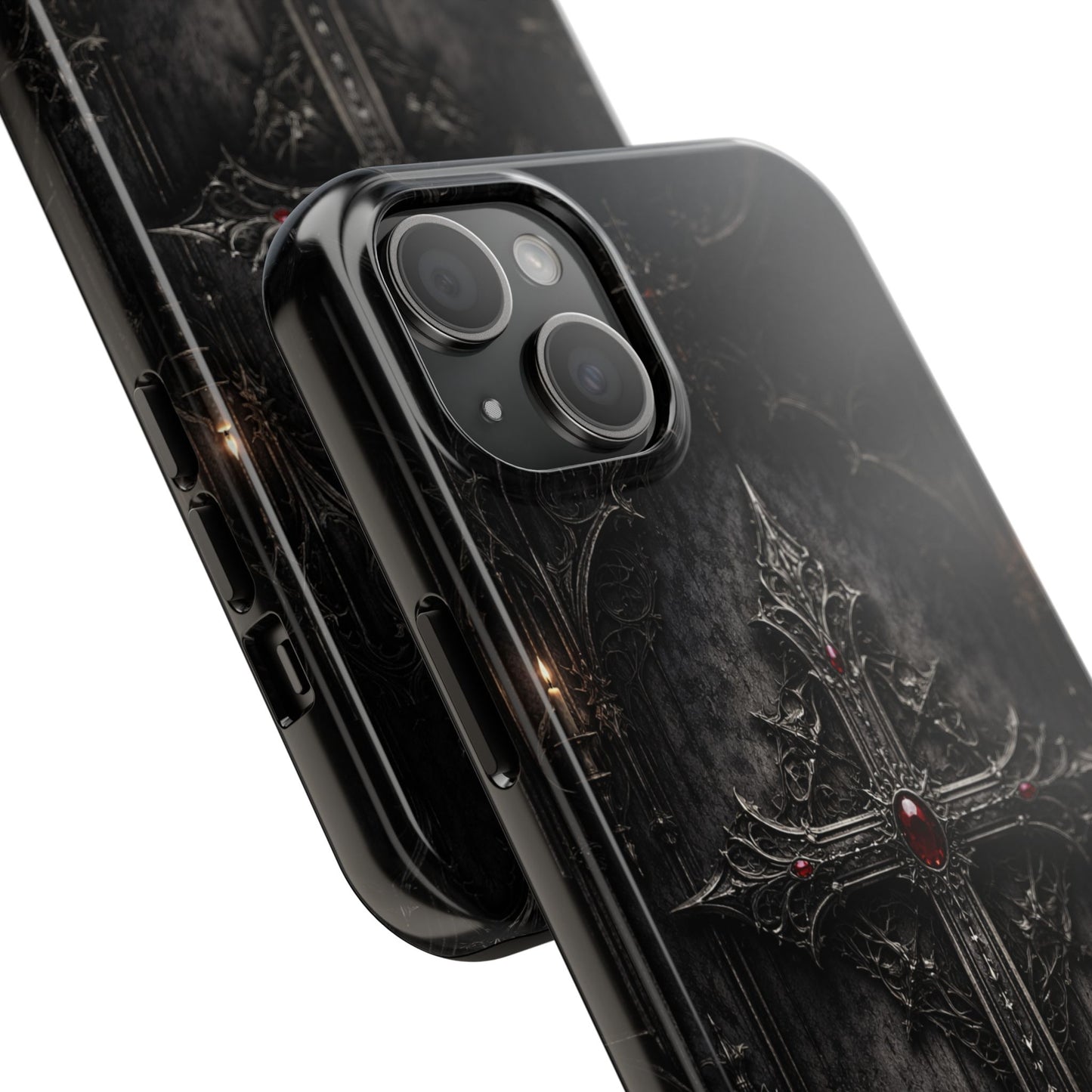 Gothic Cross Phone Case — Dark Medieval Armor with Red Gem