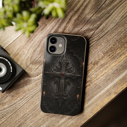 Gothic Cross Phone Case — Dark Medieval Armor with Red Gem
