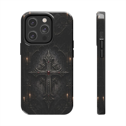 Gothic Cross Phone Case — Dark Medieval Armor with Red Gem