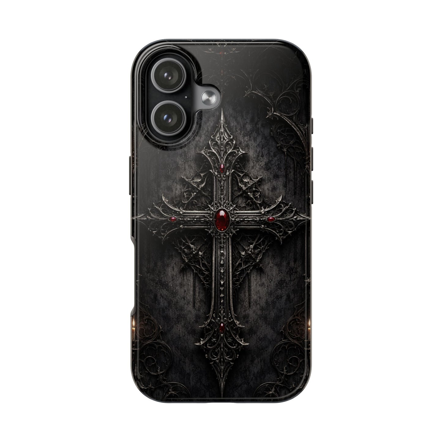 Gothic Cross Phone Case — Dark Medieval Armor with Red Gem