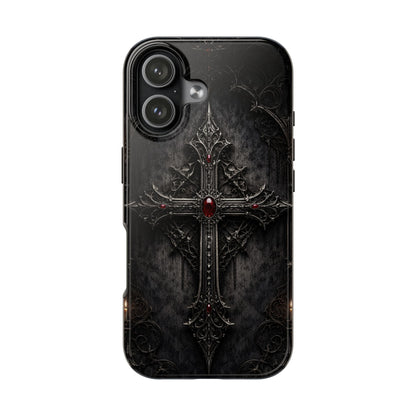 Gothic Cross Phone Case — Dark Medieval Armor with Red Gem