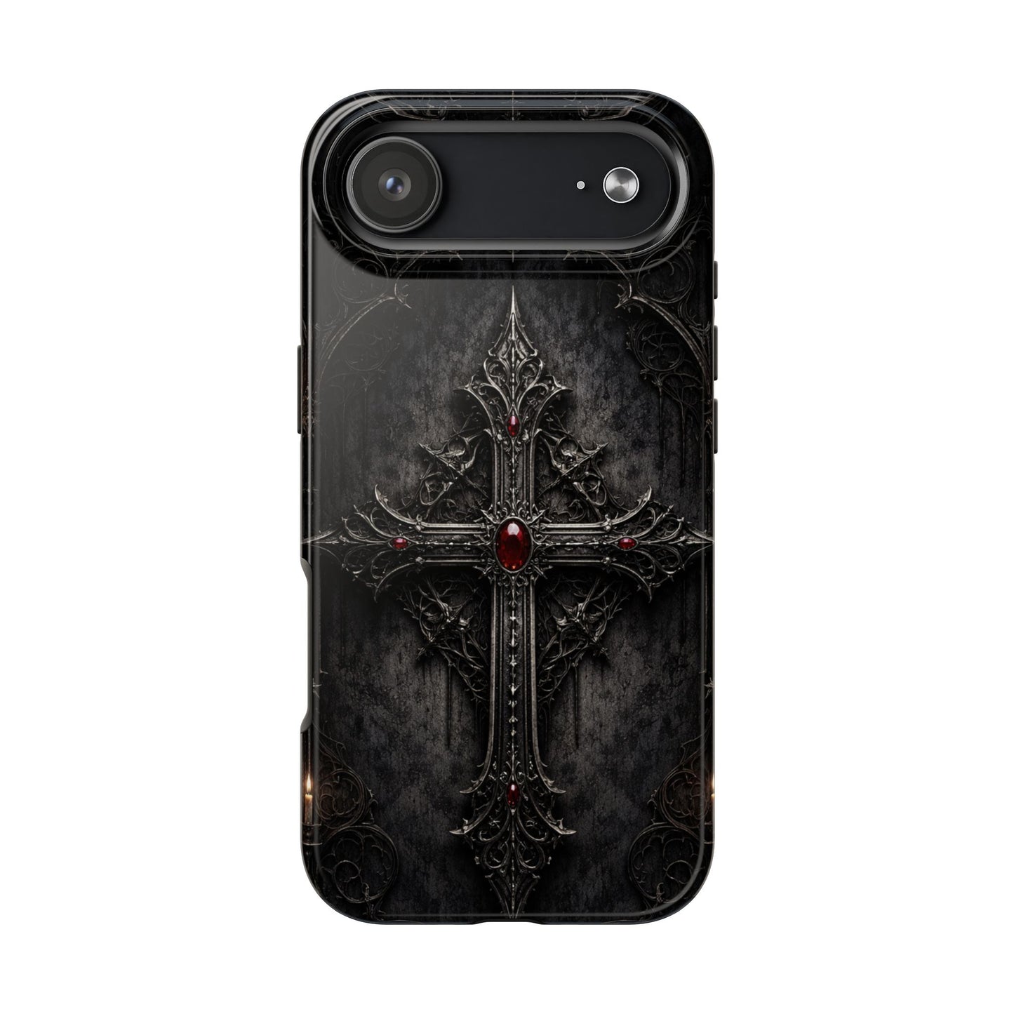 Gothic Cross Phone Case — Dark Medieval Armor with Red Gem