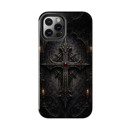 Gothic Cross Phone Case — Dark Medieval Armor with Red Gem