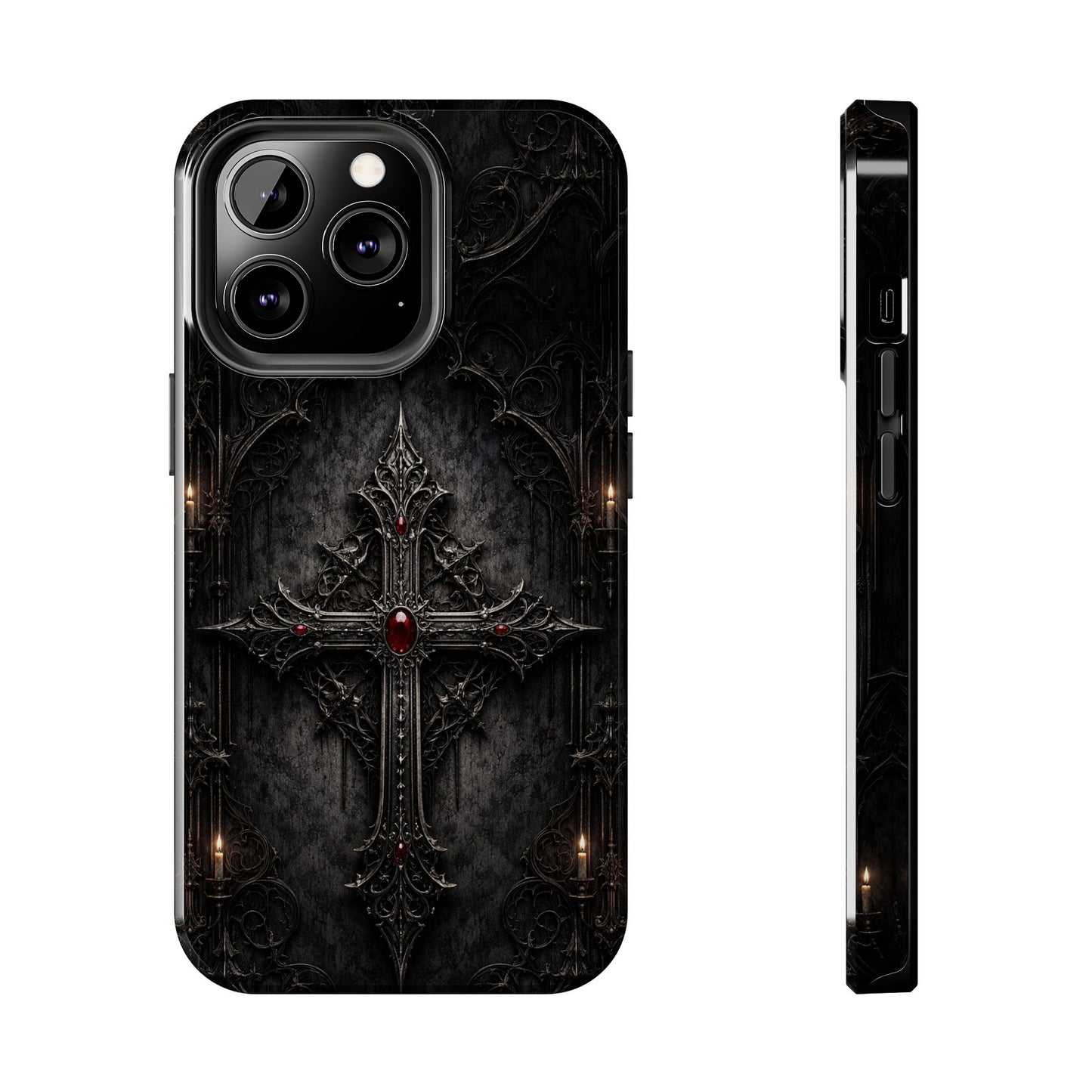 Gothic Cross Phone Case — Dark Medieval Armor with Red Gem
