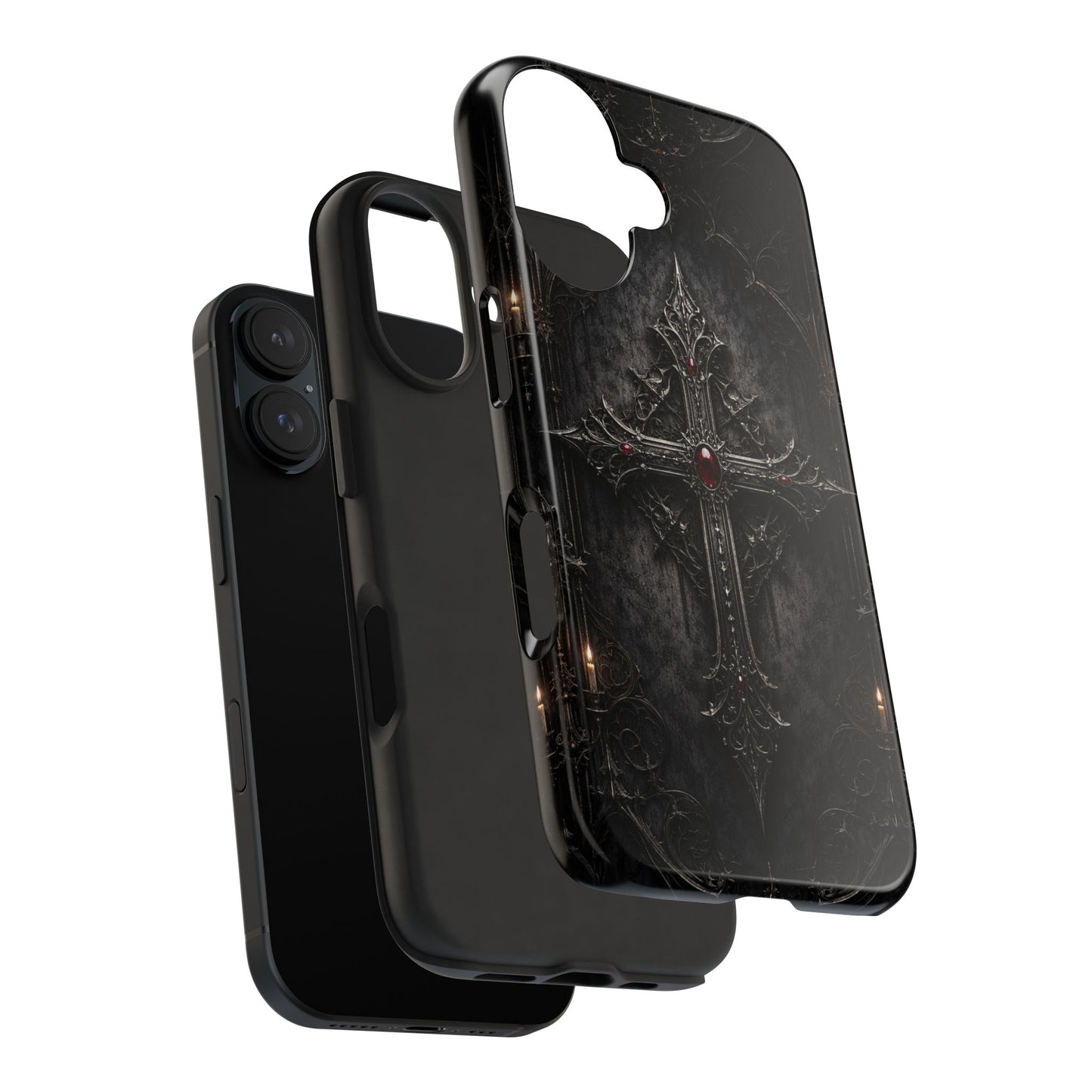 Gothic Cross Phone Case — Dark Medieval Armor with Red Gem