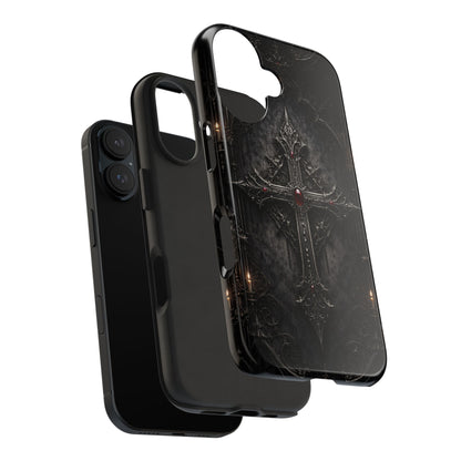 Gothic Cross Phone Case — Dark Medieval Armor with Red Gem