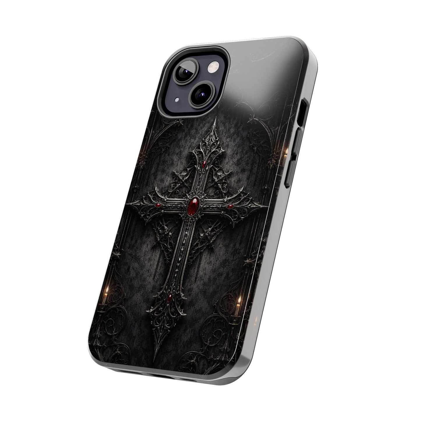 Gothic Cross Phone Case — Dark Medieval Armor with Red Gem