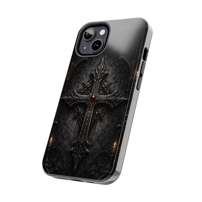 Gothic Cross Phone Case — Dark Medieval Armor with Red Gem