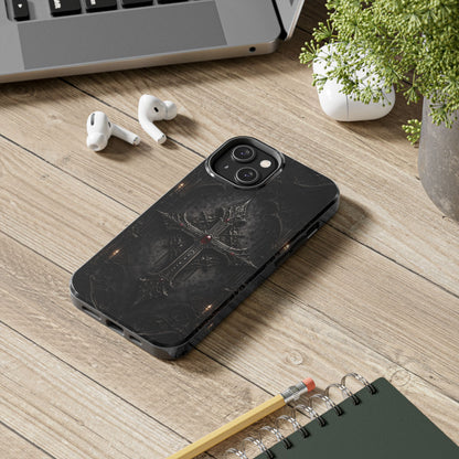 Gothic Cross Phone Case — Dark Medieval Armor with Red Gem