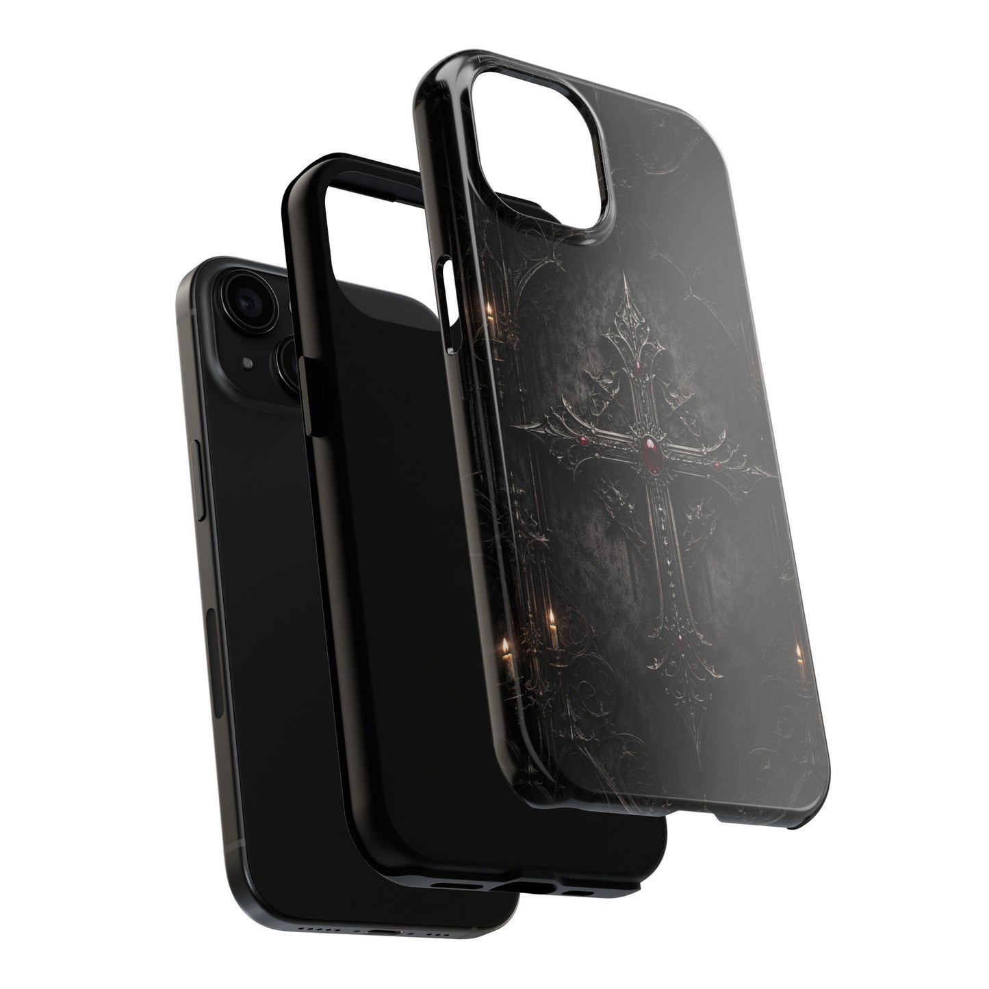 Gothic Cross Phone Case — Dark Medieval Armor with Red Gem