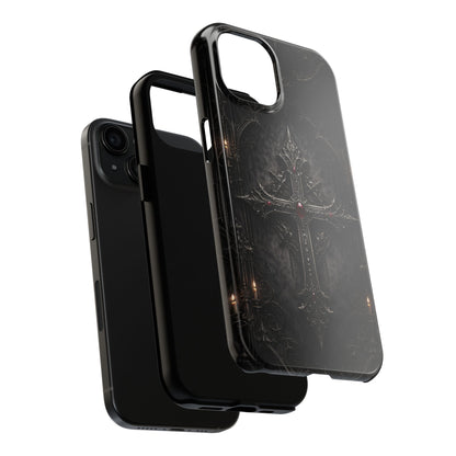 Gothic Cross Phone Case — Dark Medieval Armor with Red Gem