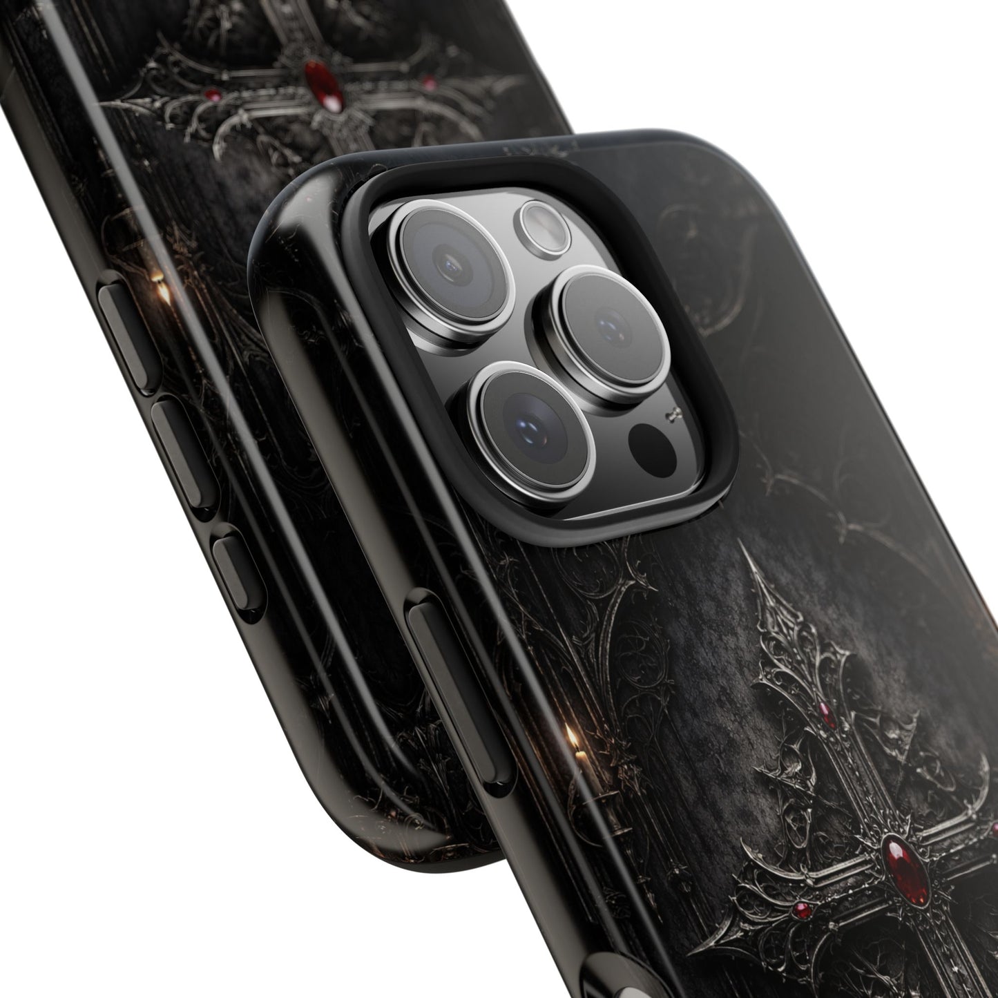 Gothic Cross Phone Case — Dark Medieval Armor with Red Gem