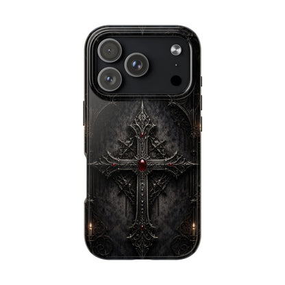 Gothic Cross Phone Case — Dark Medieval Armor with Red Gem