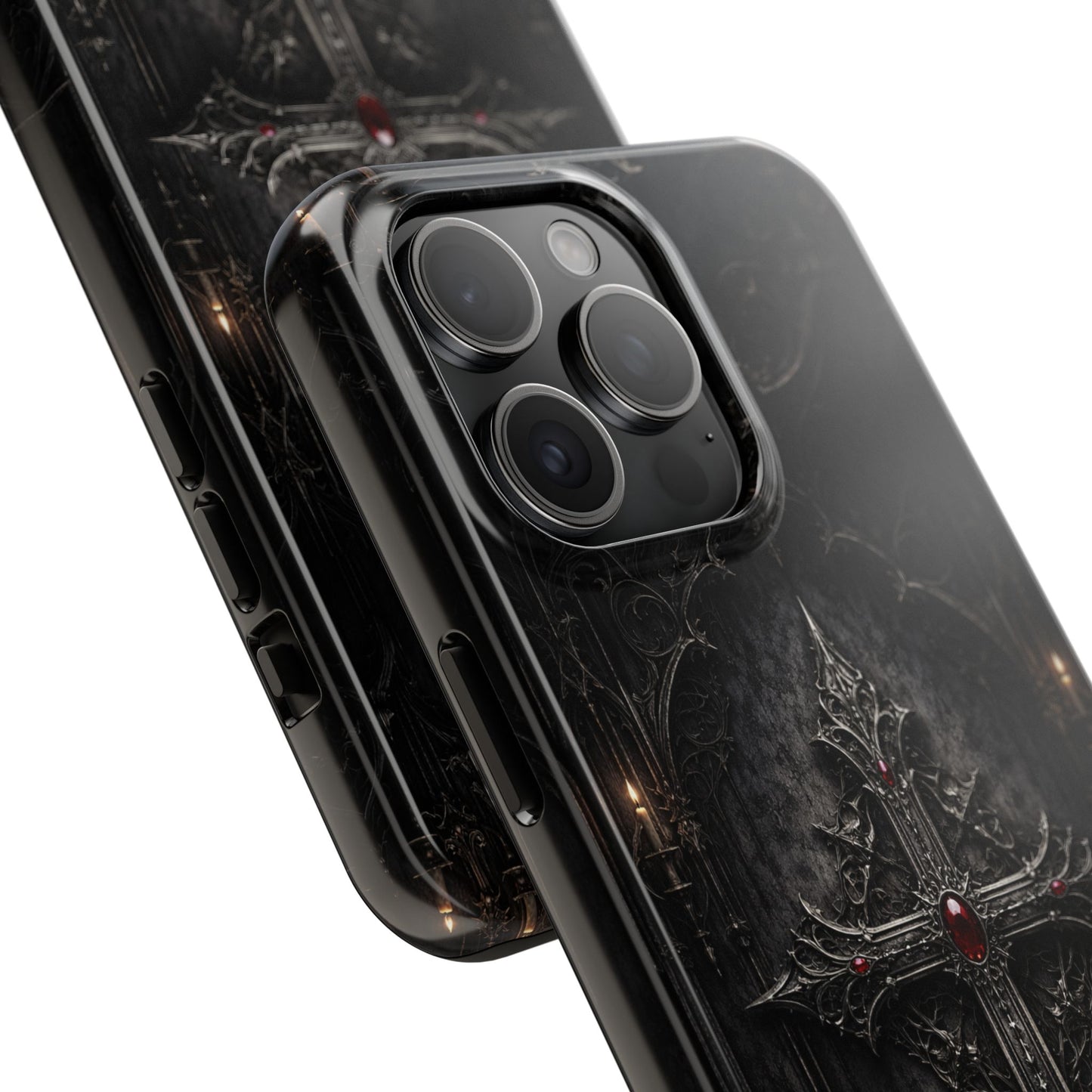 Gothic Cross Phone Case — Dark Medieval Armor with Red Gem