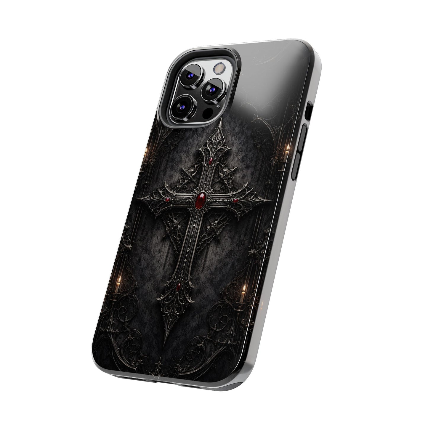 Gothic Cross Phone Case — Dark Medieval Armor with Red Gem