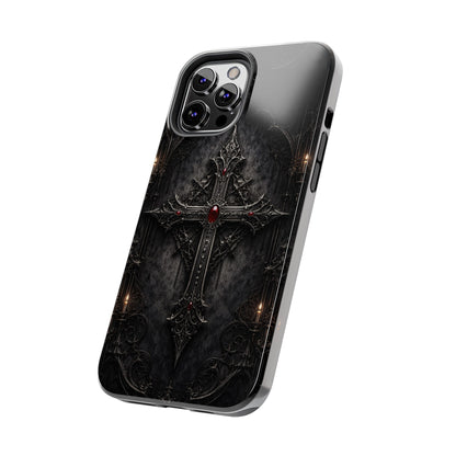 Gothic Cross Phone Case — Dark Medieval Armor with Red Gem