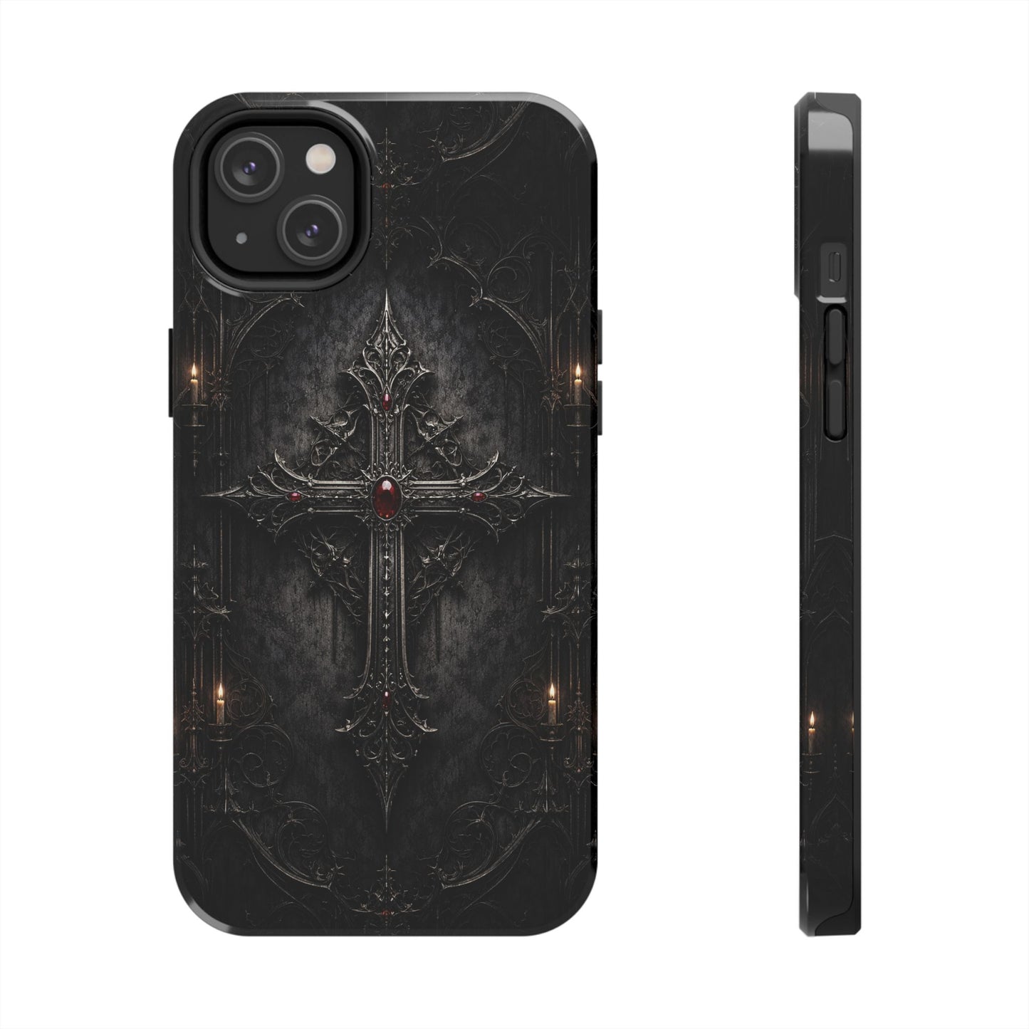 Gothic Cross Phone Case — Dark Medieval Armor with Red Gem