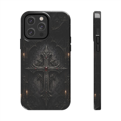 Gothic Cross Phone Case — Dark Medieval Armor with Red Gem