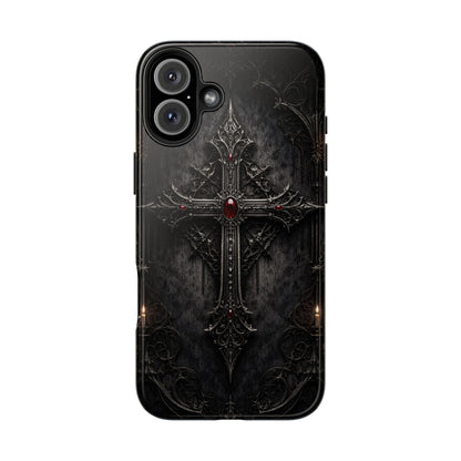 Gothic Cross Phone Case — Dark Medieval Armor with Red Gem