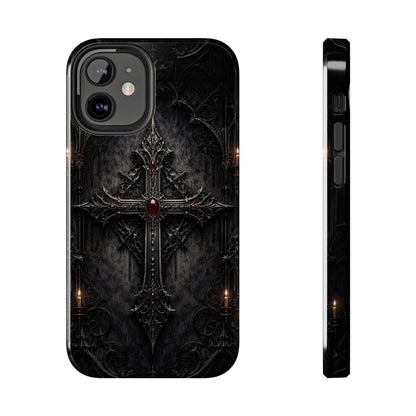 Gothic Cross Phone Case — Dark Medieval Armor with Red Gem