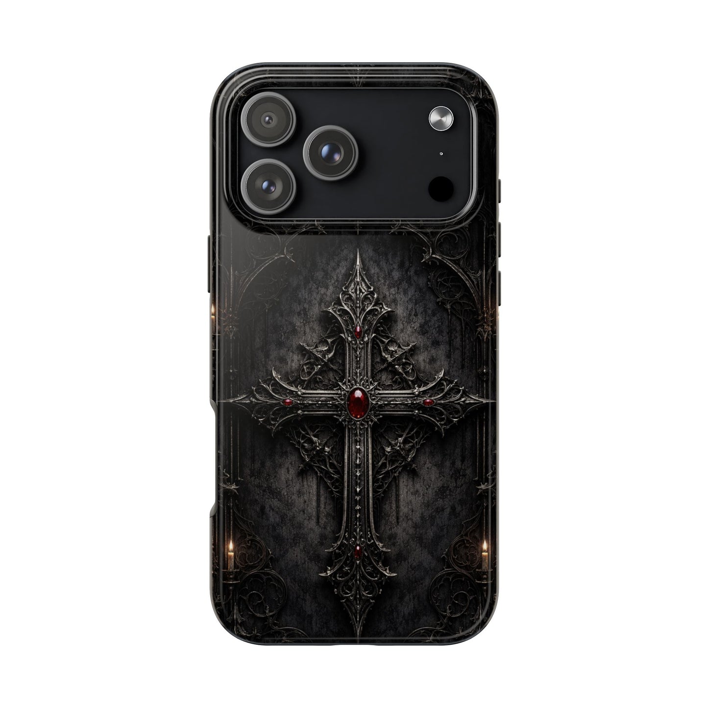 Gothic Cross Phone Case — Dark Medieval Armor with Red Gem