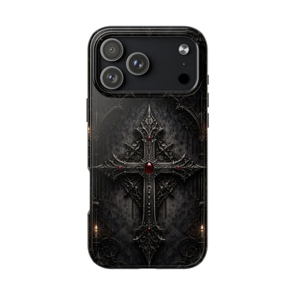 Gothic Cross Phone Case — Dark Medieval Armor with Red Gem